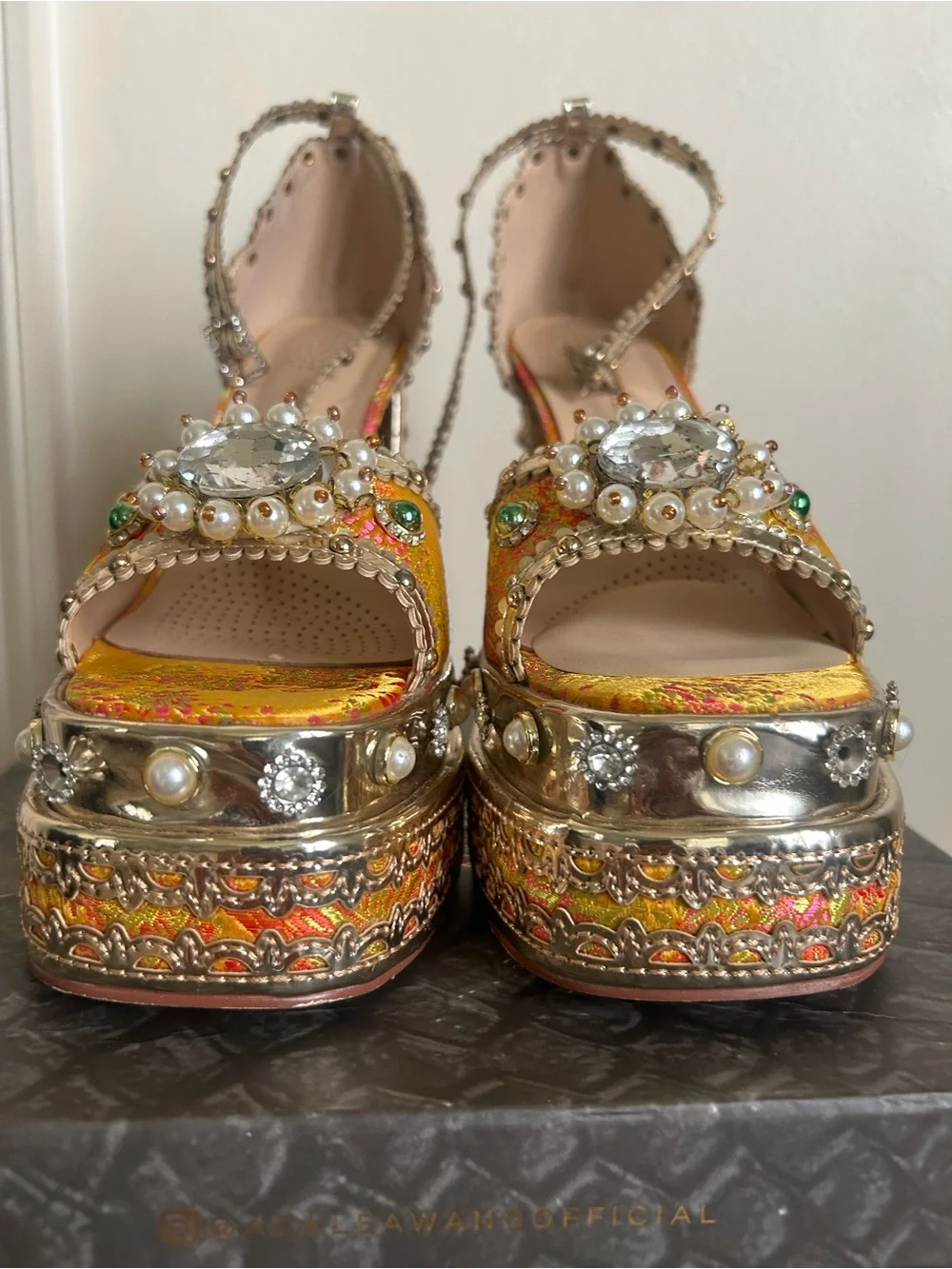 Embellished Gold Platform Sandals - Women's Evening Heels